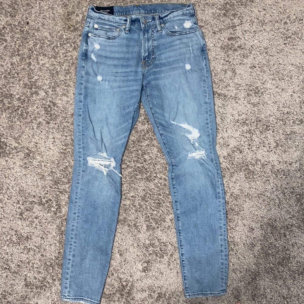 Abercrombie & Fitch light wash, ripped.